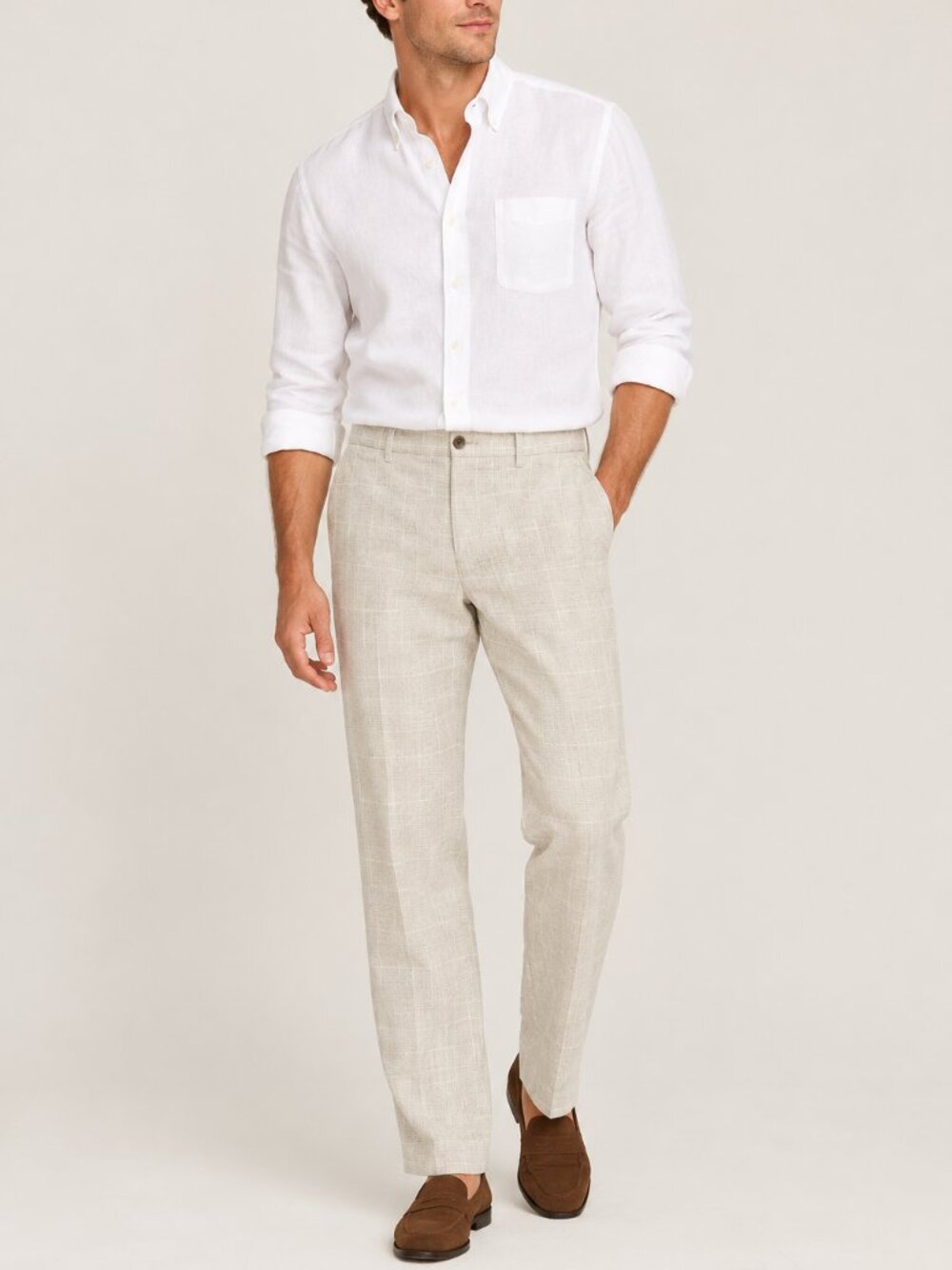 J.Crew New Men’s Linen-Blend beige white Plaid Straight-Leg Pants – 32x32